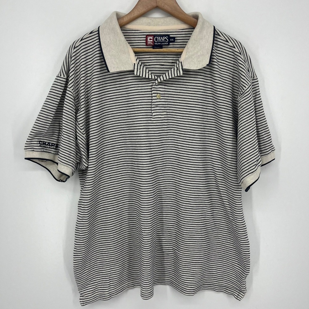 Chaps Ralph Lauren Mens XXL Striped Short Sleeve Polo Shirt Navy White Cotton